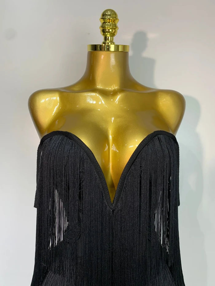 Kimberly sexy off-shoulder fringe bodycon dress with shimmering fringe details and elegant body-hugging fit.