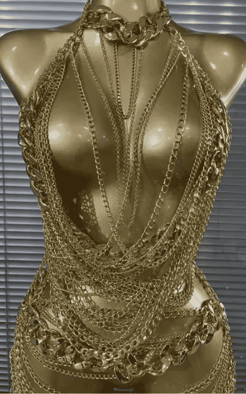 Klaudia Sexy Golden Sequin Chain Two Piece Set
