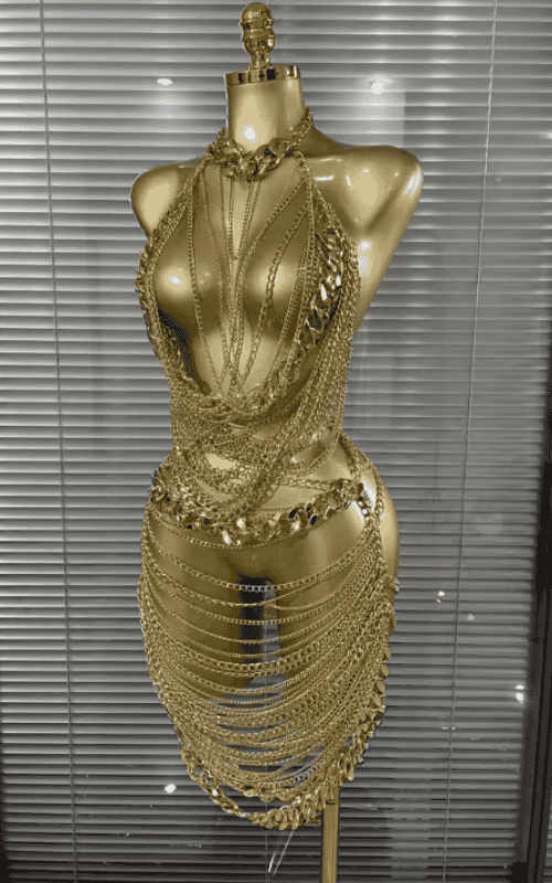 Klaudia Sexy Golden Sequin Chain Two Piece Set