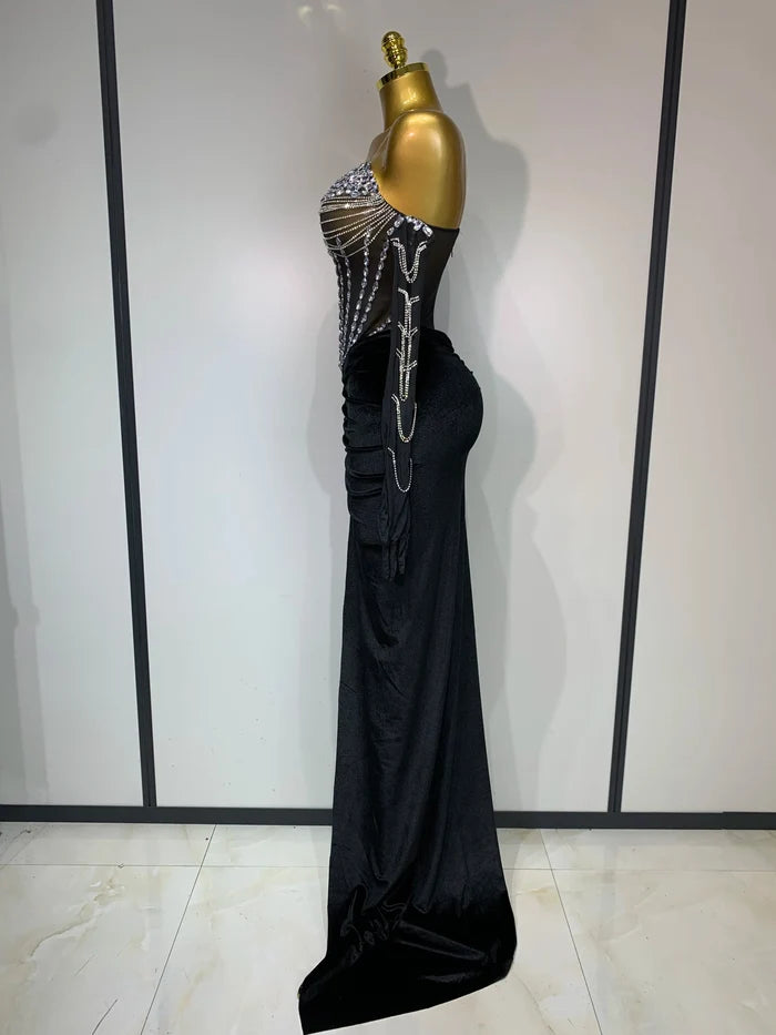 Kyndall strapless rhinestone bodysuit with skirt three-piece set for women’s evening parties, birthdays, and stage performances.
