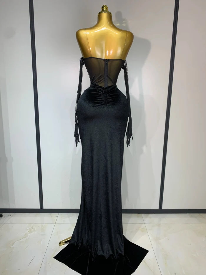 Kyndall strapless rhinestone bodysuit with skirt three-piece set for women’s evening parties, birthdays, and stage performances.