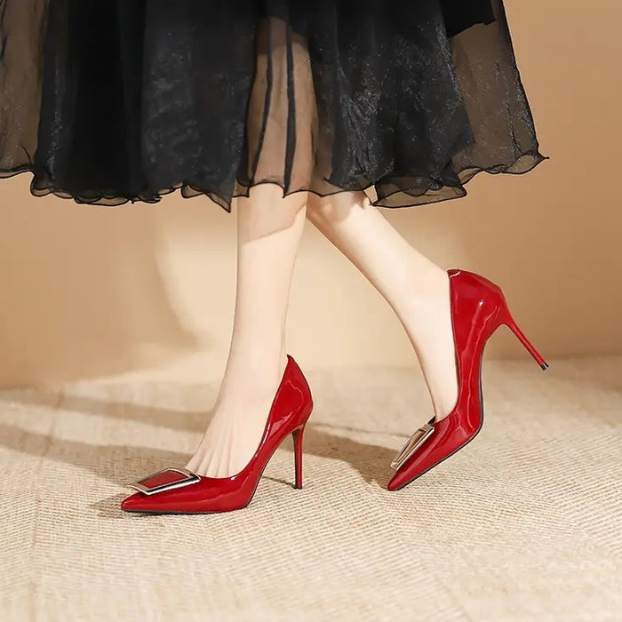 Ladies commuter all-match pointy square buckle high heels