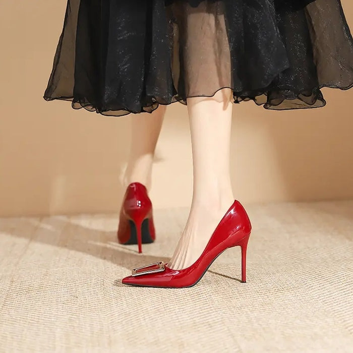 Ladies commuter all-match pointy square buckle high heels