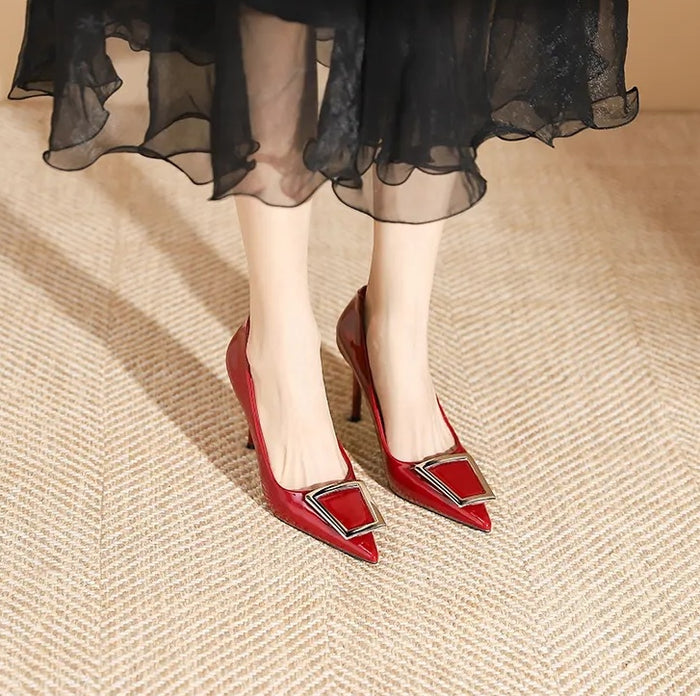 Ladies commuter all-match pointy square buckle high heels