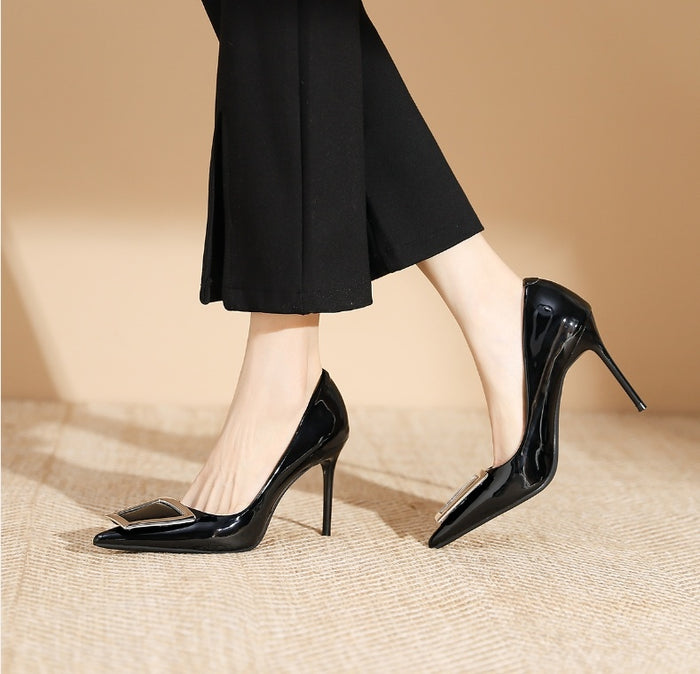 Ladies commuter all-match pointy square buckle high heels