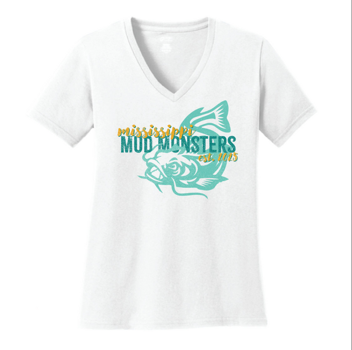 Ladies V-Neck Tee- Brush Script Mud Monsters