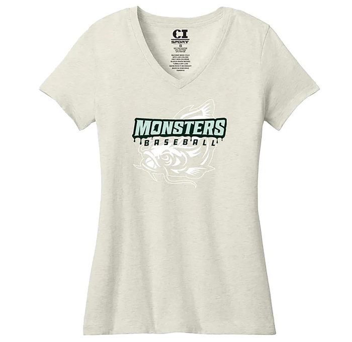 Ladies V-Neck Tee- Monsters Baseball - Oatmeal Heather