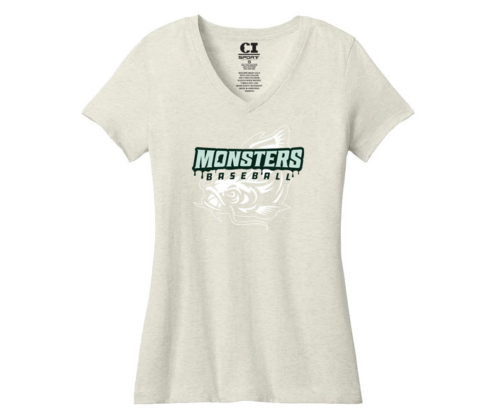 Ladies V-Neck Tee- Monsters Baseball - Oatmeal Heather