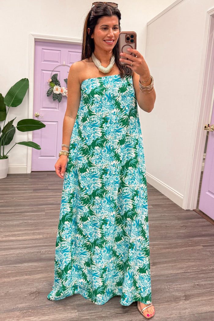 green and blue large floral print strapless midi dress