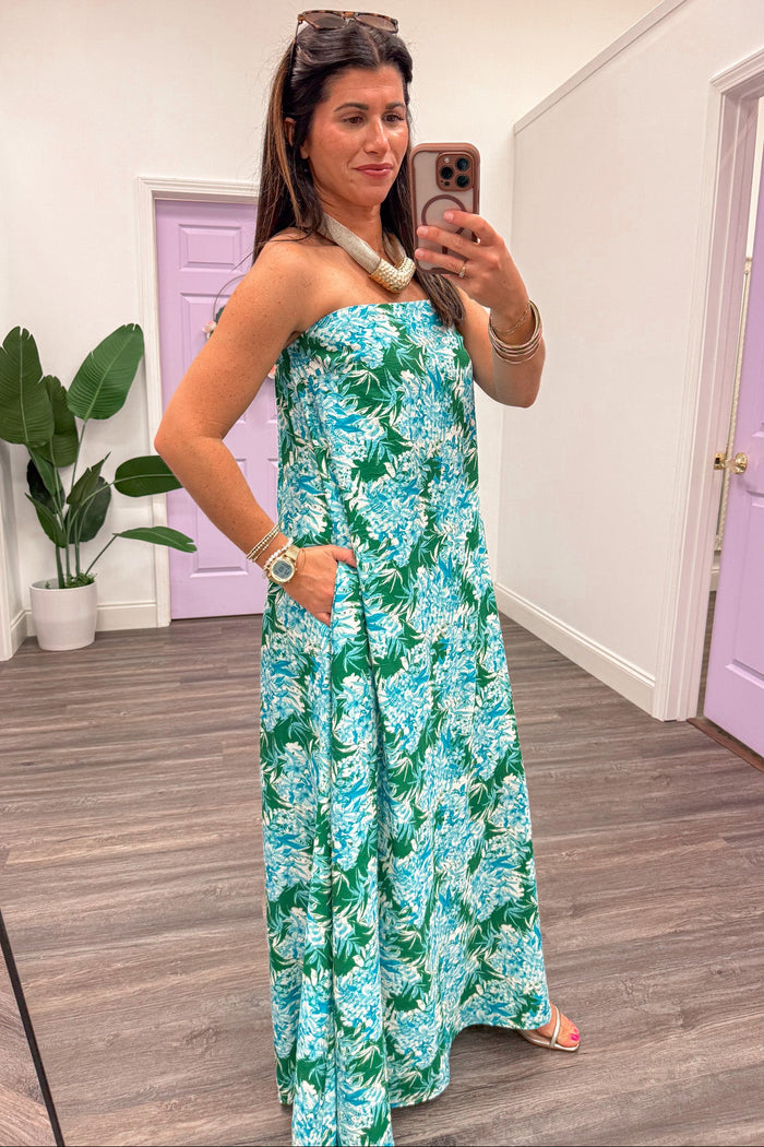 green and blue large floral print strapless midi dress with side pockets