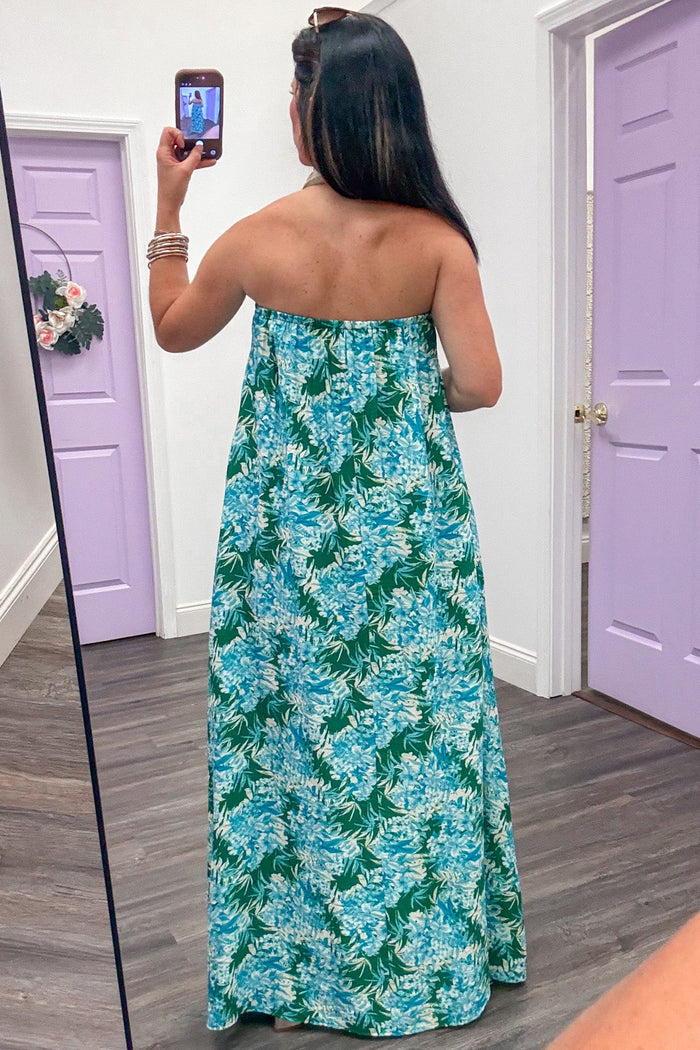 green and blue large floral print strapless flowy silhouette midi dress