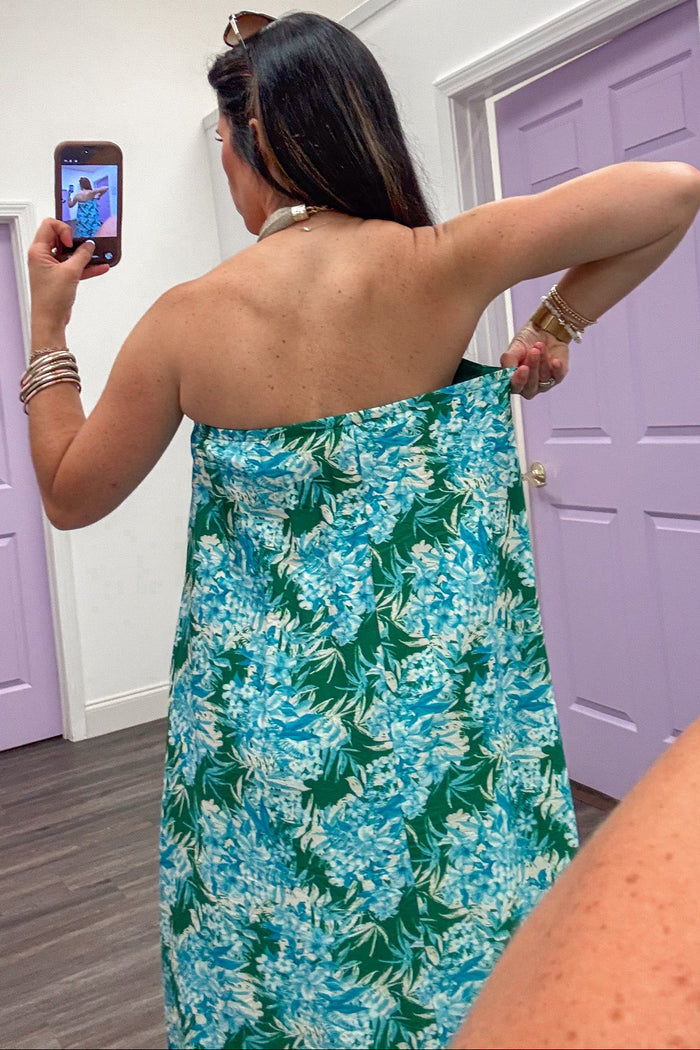 green and blue large floral print strapless lightweight midi dress