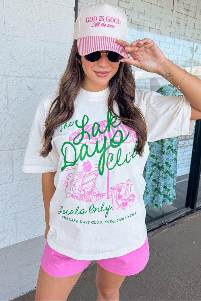 ivory with pink and green lake days graphic print short sleeve tee shirt