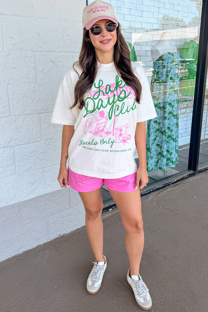 ivory with pink and green lake days graphic print short sleeve cotton tee shirt