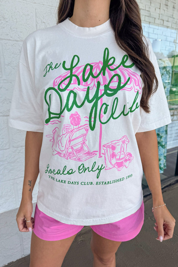 ivory with pink and green lake days graphic print short sleeve relaxed fit tee shirt