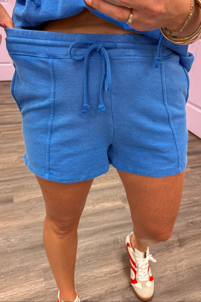 mineral washed cobalt blue elastic drawstring waist wide leg french terry knit shorts