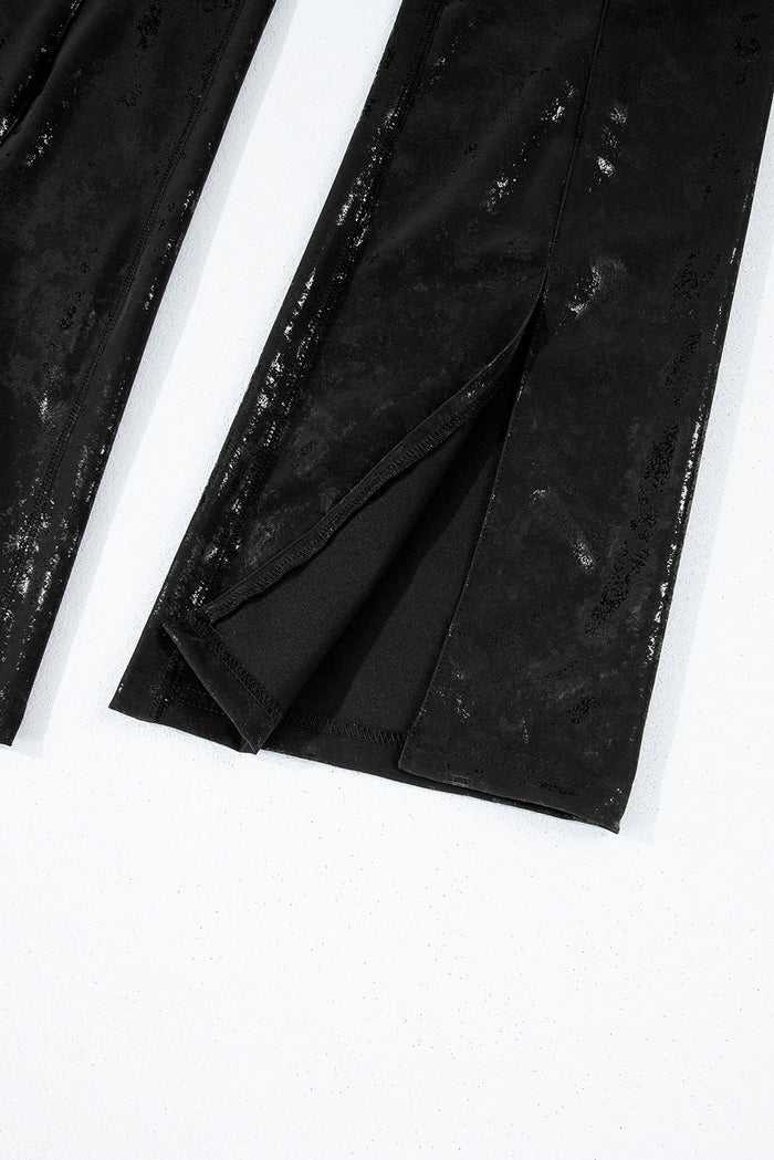 Legging taille haute fendu en simili cuir noir