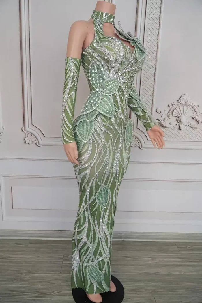 Sparkly leaf design prom dress with all-over rhinestones and matching long formal gloves. Lena elegant long gown.