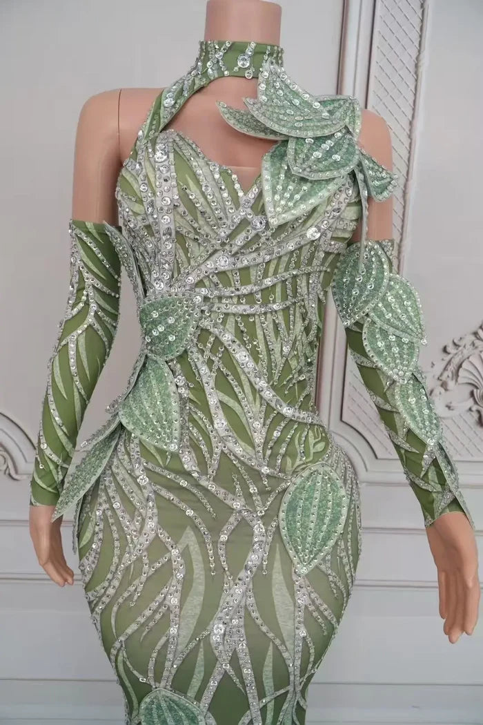 Sparkly leaf design prom dress with all-over rhinestones and matching long formal gloves. Lena elegant long gown.