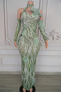 Sparkly leaf design prom dress with all-over rhinestones and matching long formal gloves. Lena elegant long gown.