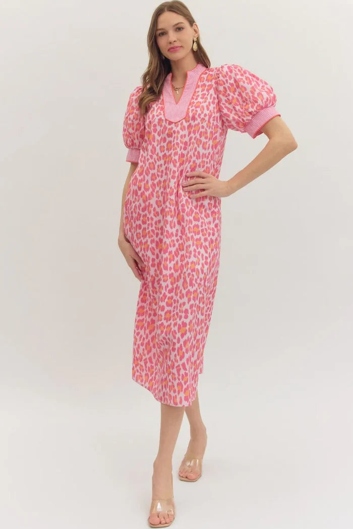Entro pink and orange leopard print midi dress with gingham trim