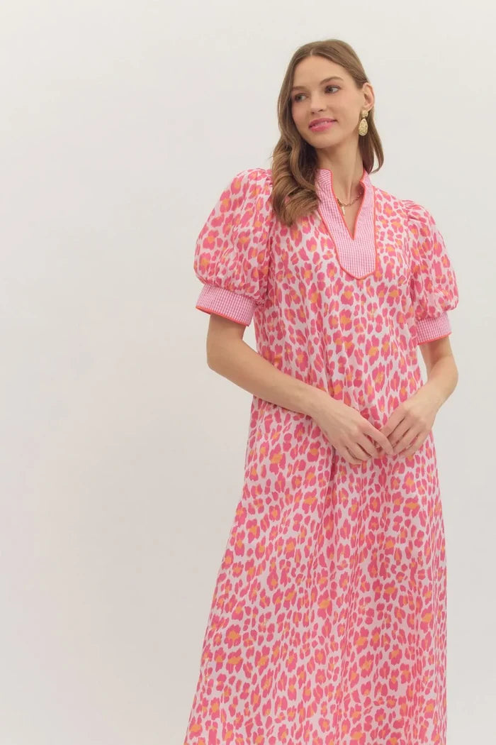Entro pink and orange leopard print midi dress with gingham trim and orange piping