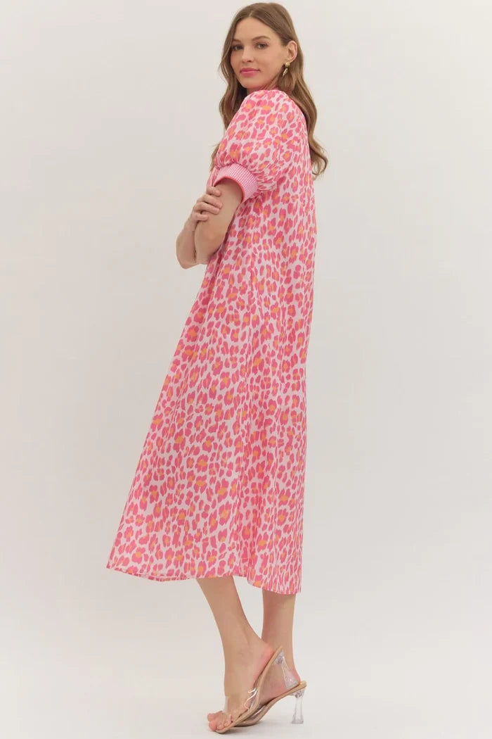 Entro pink and orange leopard print midi dress with gingham trim with a flattering silhouette
