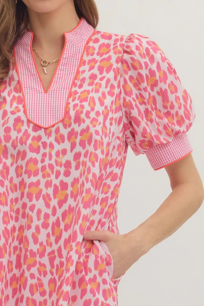 Entro pink and orange leopard print midi dress with gingham trim with puff sleeves