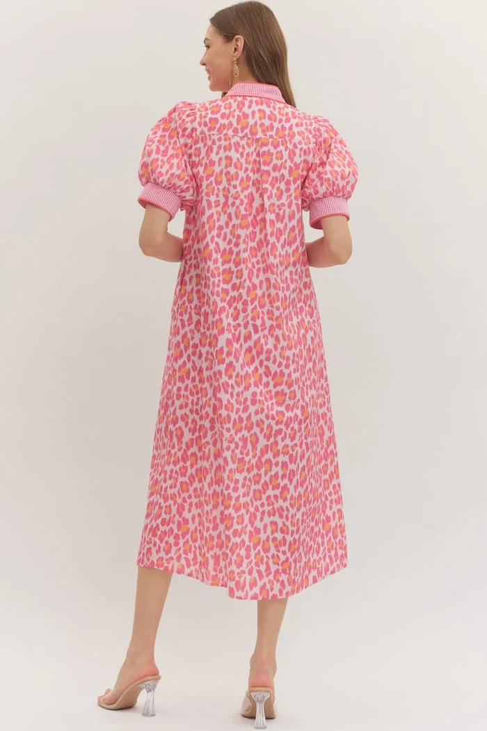 Entro pink and orange leopard print midi dress with gingham trim in lightweight cotton fabric