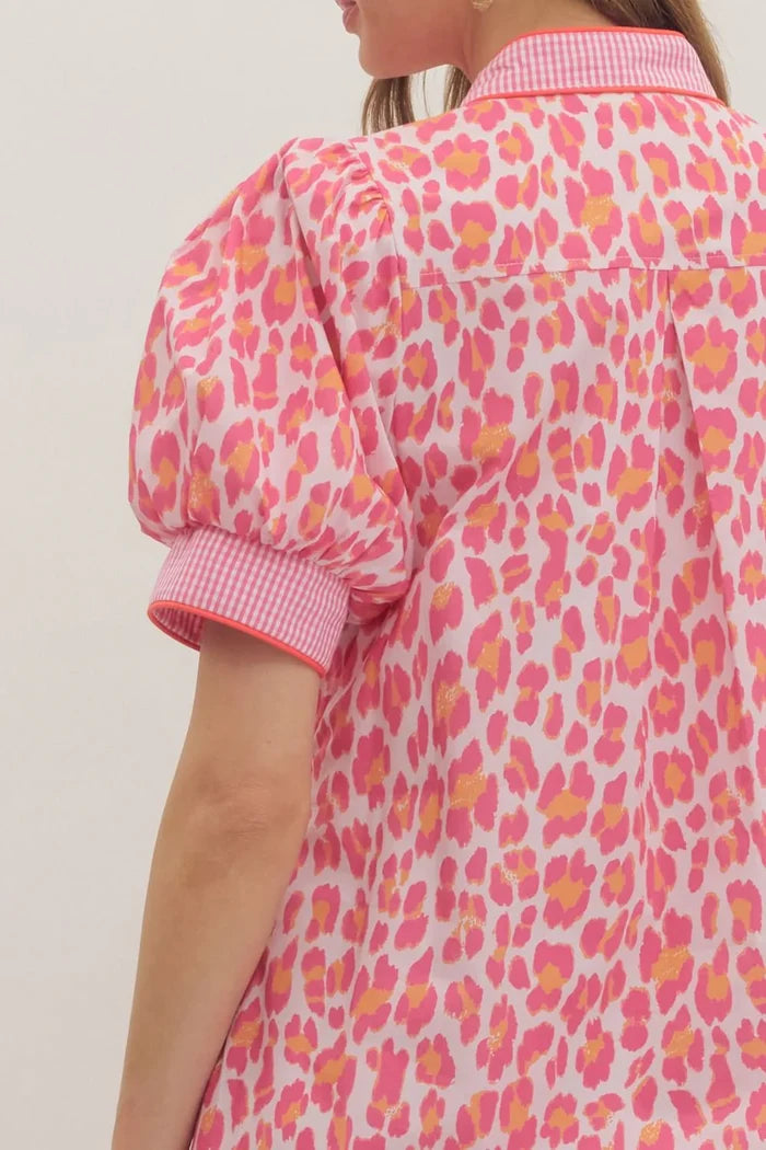 Entro pink and orange leopard print midi dress with gingham trim with tiered detail in back at shoulders