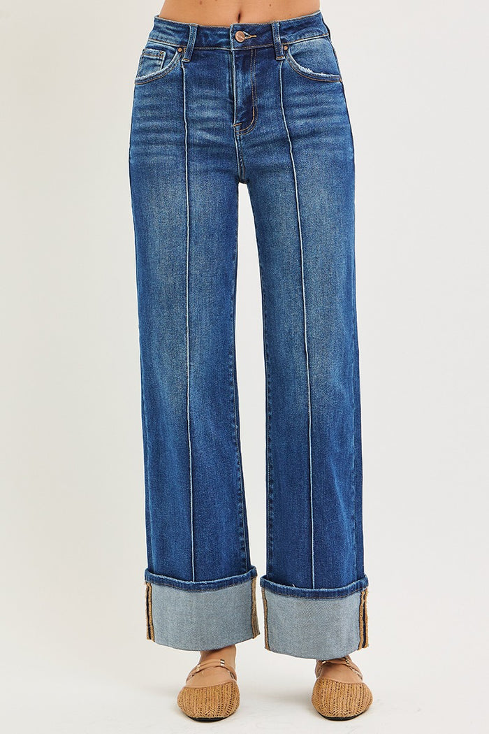 risen jeans dark wash wide legs