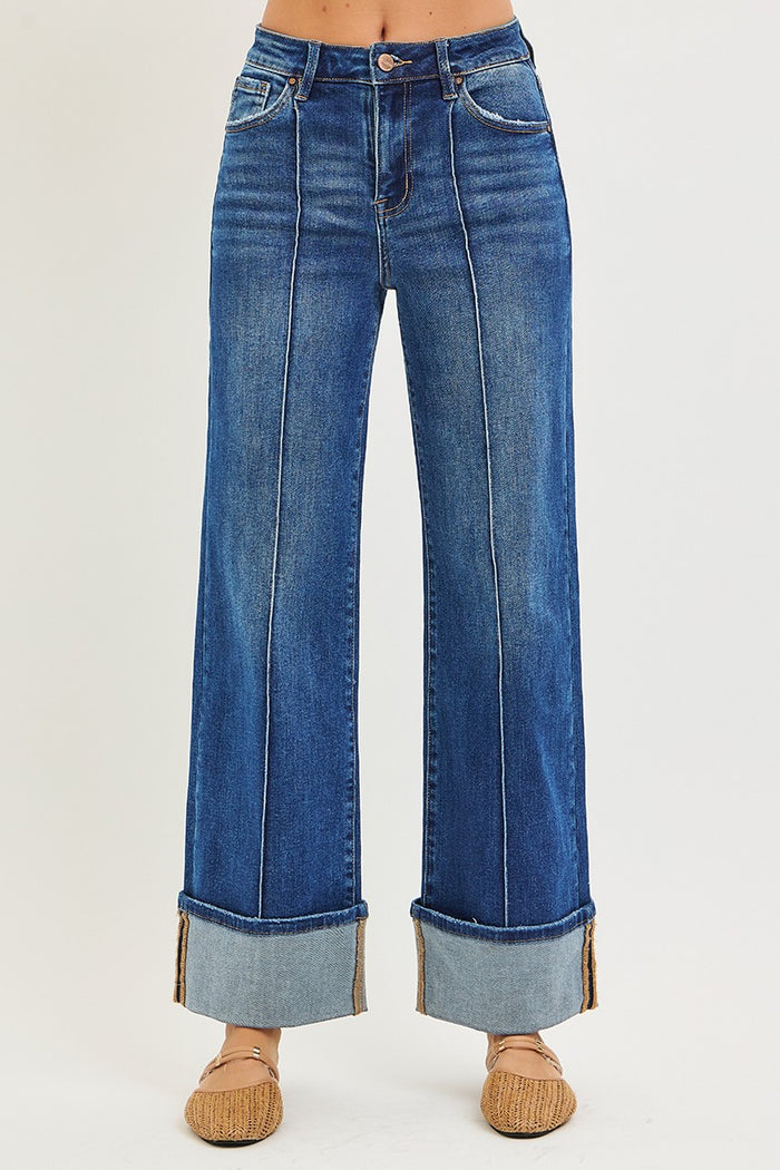 risen jeans dark wash wide legs pants