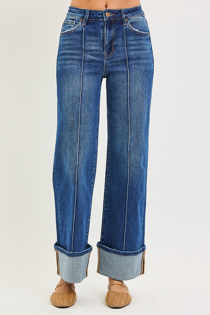 risen jeans dark wash wide legs cuffed hem