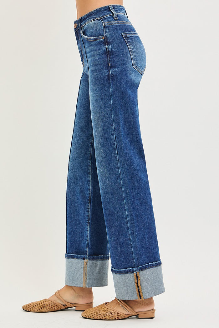 risen jeans dark wash wide legs cuffed bottom