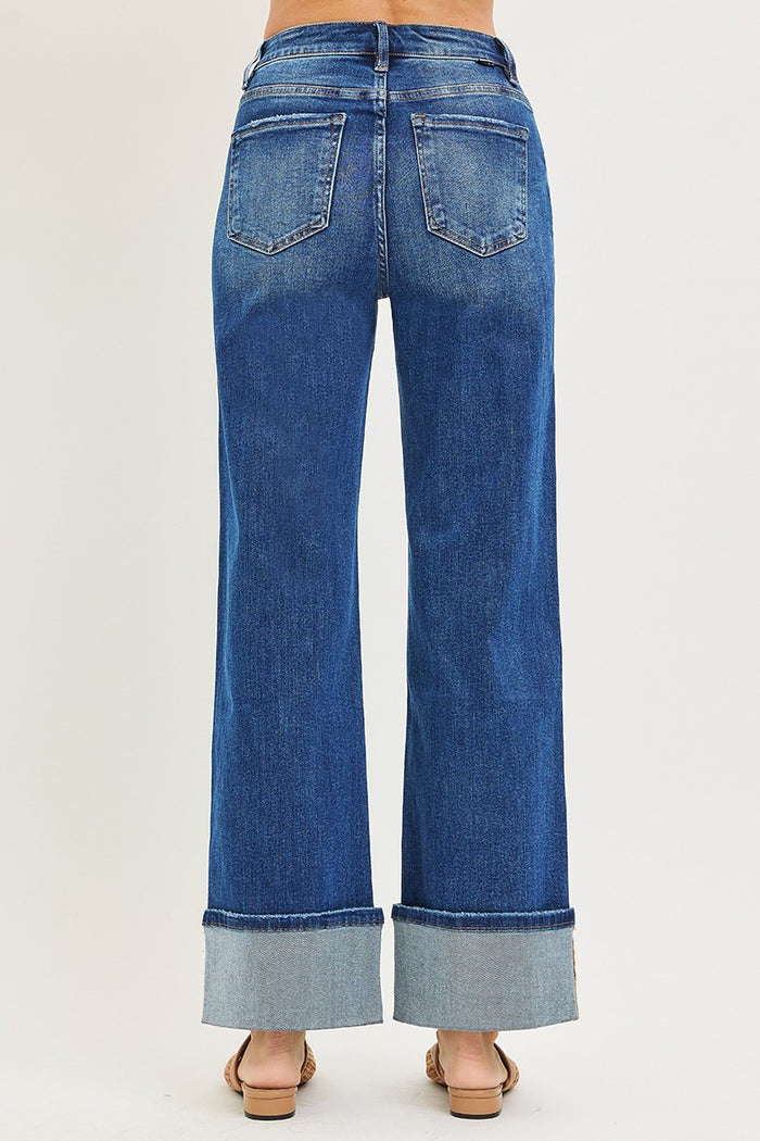 risen jeans dark wash wide legs no holes