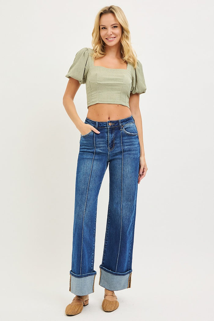 risen jeans dark wash wide legs full