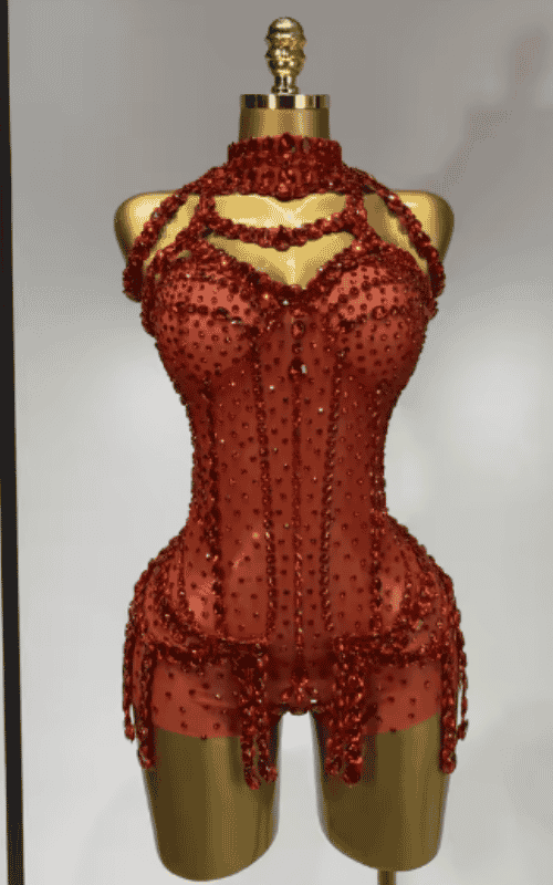 Liliana Sparkly Rhinestone Red Mesh Bodycon Bodysuit