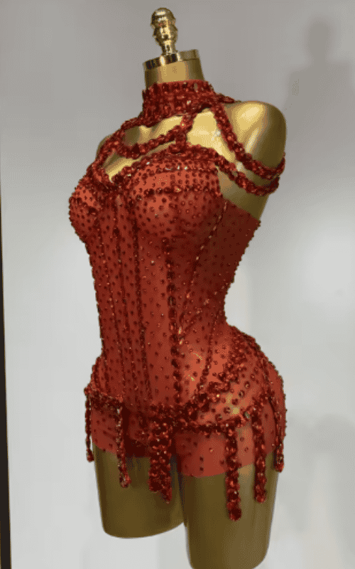 Liliana Sparkly Rhinestone Red Mesh Bodycon Bodysuit