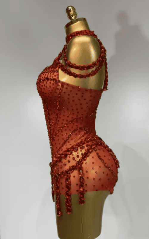 Liliana Sparkly Rhinestone Red Mesh Bodycon Bodysuit
