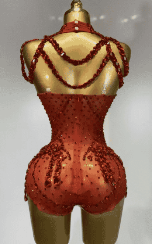 Liliana Sparkly Rhinestone Red Mesh Bodycon Bodysuit