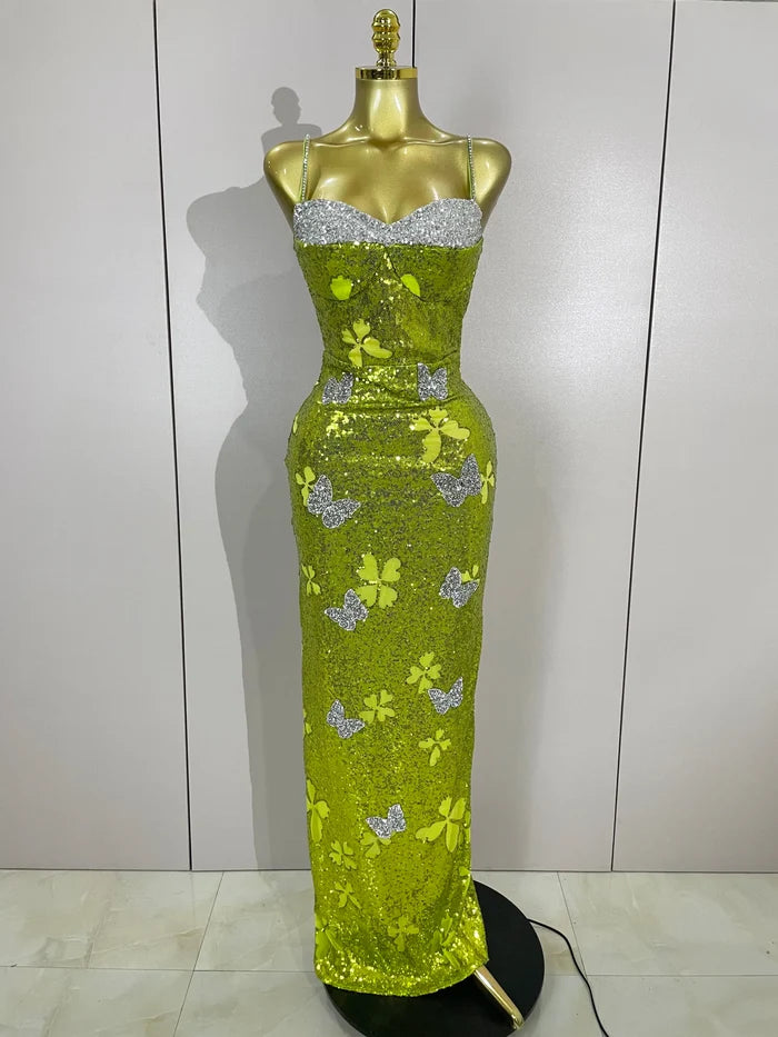 Liora butterfly crystal sexy halter green bodycon long dress with crystal details and slim-fit design.