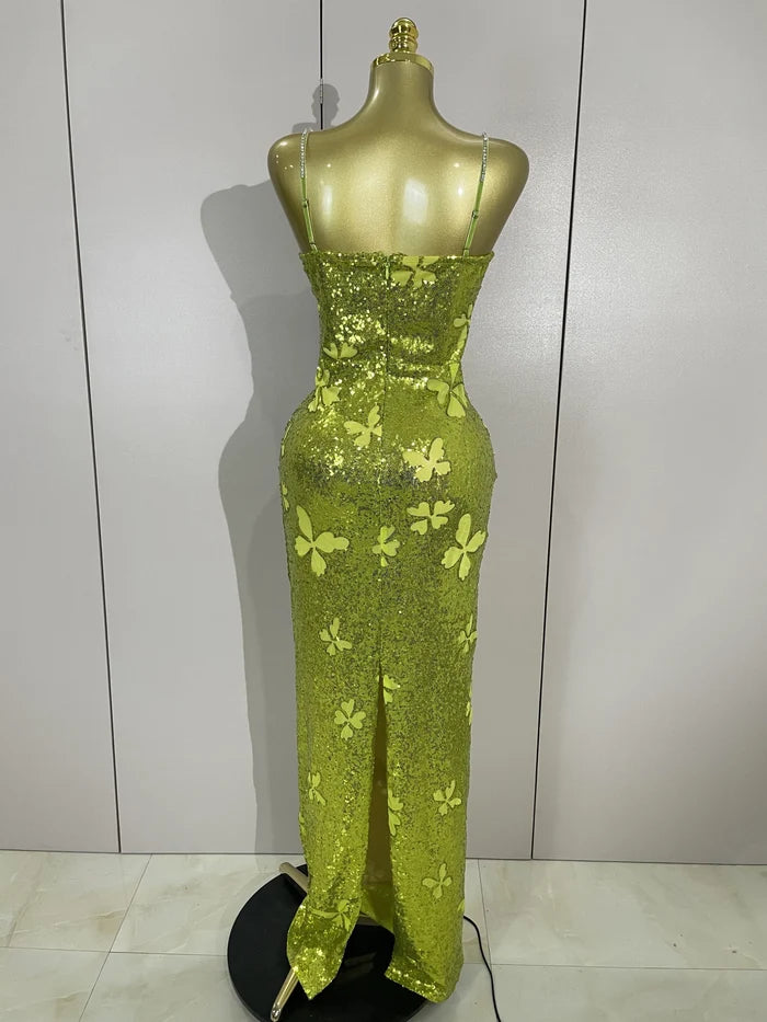 Liora butterfly crystal sexy halter green bodycon long dress with crystal details and slim-fit design.