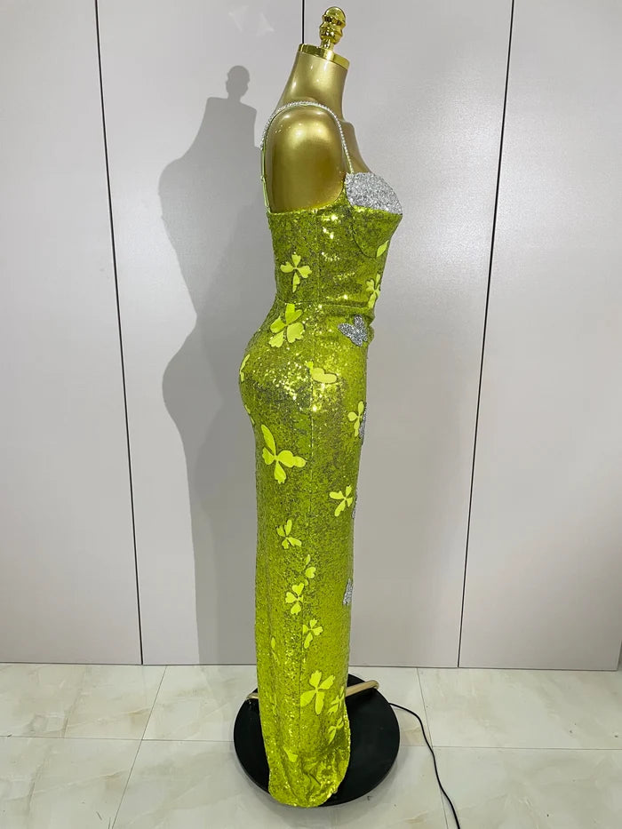 Liora butterfly crystal sexy halter green bodycon long dress with crystal details and slim-fit design.