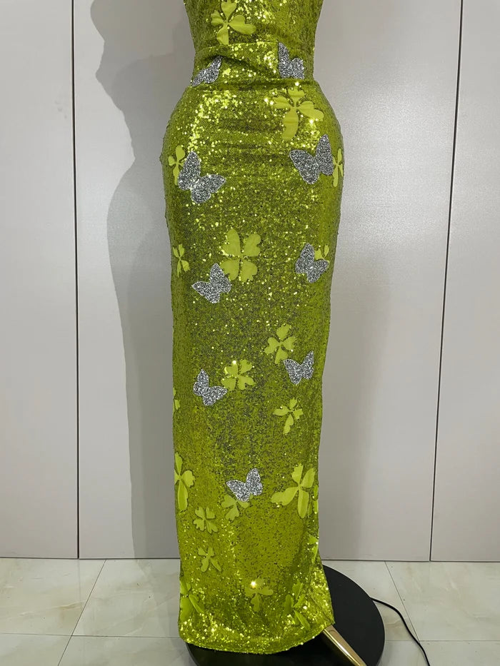 Liora butterfly crystal sexy halter green bodycon long dress with crystal details and slim-fit design.