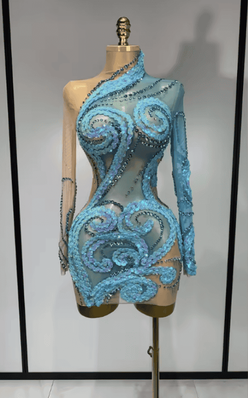 Lisa Sparkly Rhinestone Sequin Sheer Mesh Long Sleeve Mini Birthday Dress