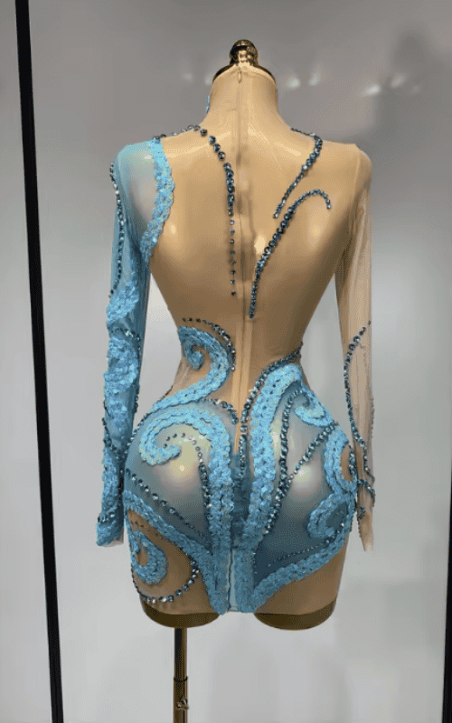 Lisa Sparkly Rhinestone Sequin Sheer Mesh Long Sleeve Mini Birthday Dress