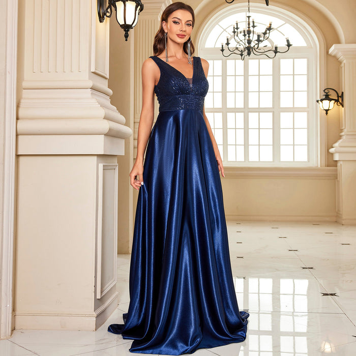 Long Maxi Dress Formal Prom Gown With V-Neckline And Pockets - Rosymae