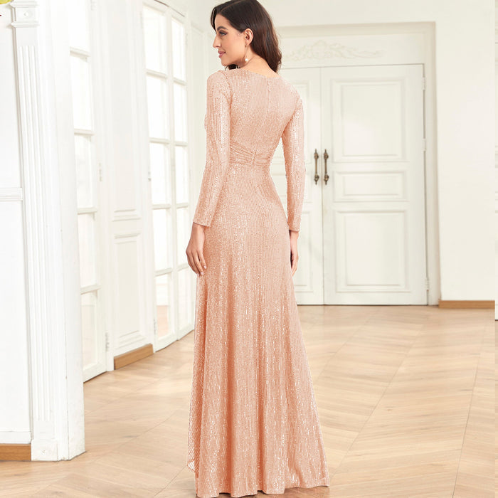 Long Sleeve V-Neck Fit Maxi Formal Gown Evening Dress For Women - Rosymae