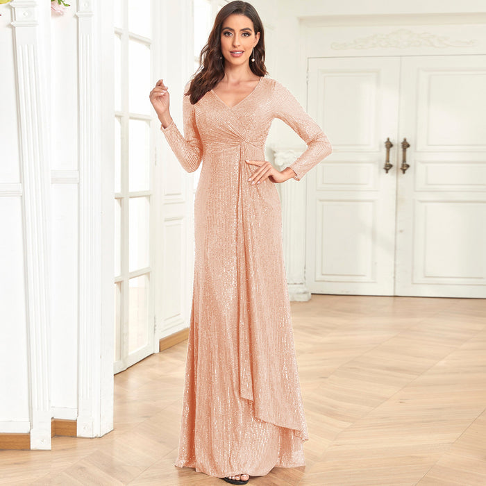 Long Sleeve V-Neck Fit Maxi Formal Gown Evening Dress For Women - Rosymae