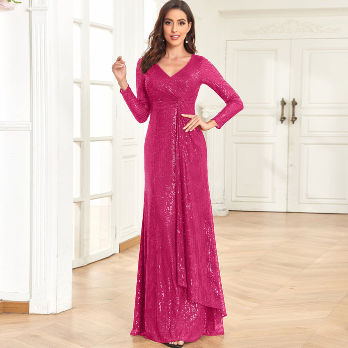 Long Sleeve V-Neck Fit Maxi Formal Gown Evening Dress For Women - Rosymae